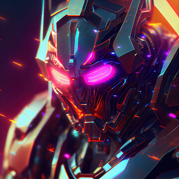 Detailed super robot with bright neon lights on black background. modern digital art illustration.