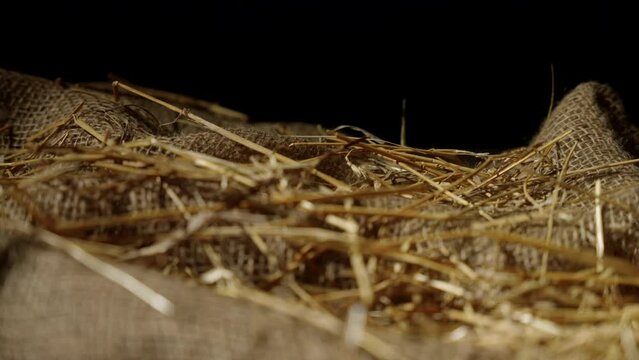 A macro shot of a manger with hay and burlap.