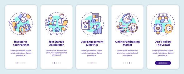 Ways to find investors onboarding mobile app screen. Small business walkthrough 5 steps editable graphic instructions with linear concepts. UI, UX, GUI template. Myriad Pro-Bold, Regular fonts used