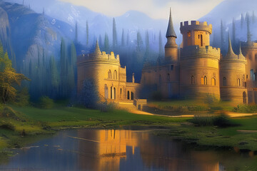 Dreamy landscape with sunset over castle ruins by a forest lake. Amazing 3D landscape. Digital illustration. CG Artwork Background