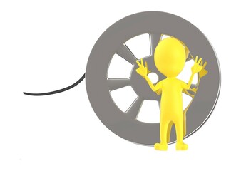 3d yellow character and a film reel