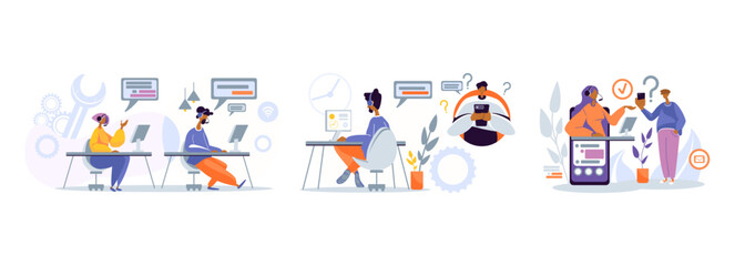 Support workers on their workplaces help clients solve problems online. Characters work in support service concept. Vector illustration in flat style