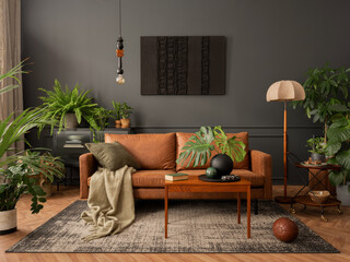 Interior design of living room interior with mock up poster frame, brown sofa, plants, wooden...