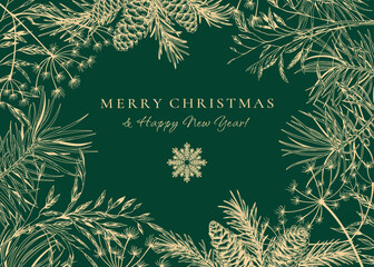Horizontal frame with fir and pine branches, cones, dried grasses. Holiday botanical illustration. Vector christmas card. Green background and golden greeting. Sketch.