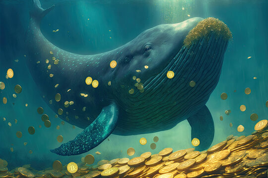 Big whale eating thousands of golden coins of Bitcoin in the ocean underwater. Concept of speculative finance, crypto-bank exchanges, and big institutional crypto-investors buying the deep of Bitcoin.