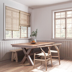 Farmhouse wooden dining room in white and bleached tones. Rustic table with chair and bench. Wallpaper and parquet floor. Wabi sabi interior design