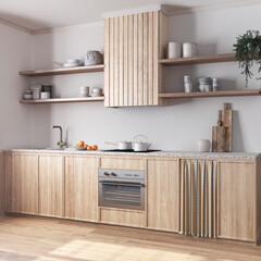 Farmhouse bleached wooden kitchen with appliances in white and beige tones. Cabinets and parquet floor. Japandi interior design