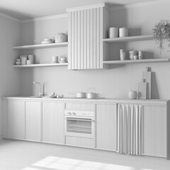 Fototapeta na wymiar Total white project draft, farmhouse dark wooden kitchen with appliances. Cabinets and parquet floor. Japandi interior design