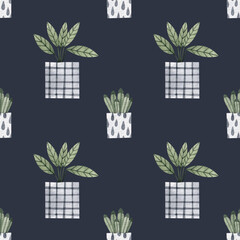 Seamless pattern with potted flowers on a dark gray background. Watercolor illustration. Plants. Succulents. Print on fabric and wrapping paper. Art. Design. Wallpaper. Green. Handmade work.