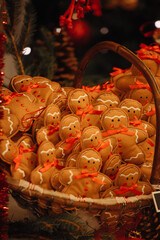 Basket of christmas textile gingerbread toys at alsace market