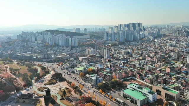 Suwon: Aerial view of city in South Korea in autumn colors, clear blue sky - landscape panorama of Eastern Asia from above