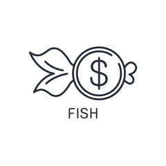 Fish finance. floating dollar. Vector linear icon isolated on white background.