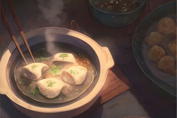Chinese Stuffed Dumplings Rested on Plates and Wooden Cutting Boards. Digital Food Illustration