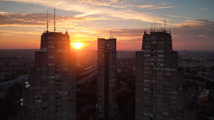 Eastern gate buildings, one of recognizable brutalism architecture symbols of Belgrade, Serbia.