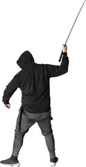 Isolated PNG cutout of a ninja with a katana on a transparent background
