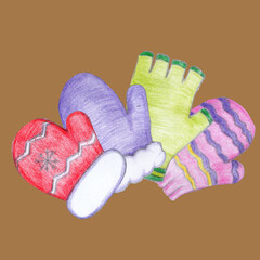 A set of colorful, bright, winter, warm mittens and gloves. Illustration with colored pencils, winter illustration, background, for printing, textiles, design.