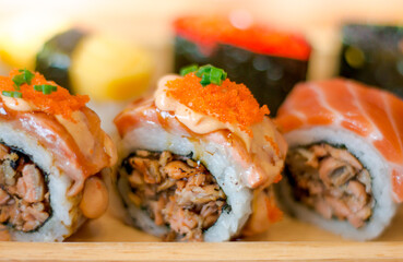 Sushi set, California Sushi roll set with salmon, Japanese food styles, rice roll with Salmon, Japanese food in Restaurants