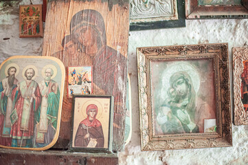 orthodox icons brought by parishioners to the Kaisariani temple Greece