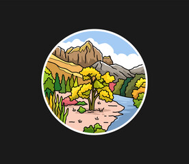 Landscape ilustration, Mountain view, outdoor stickers design , monoline illustration