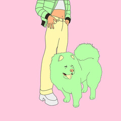 Fashion minimal illustration art. Urban stylish look and dog. Pastel colours design