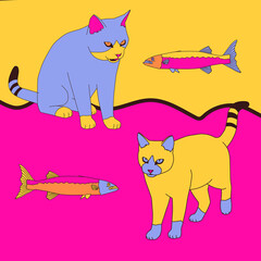 Fashion minimal illustration art. Cats fishing.  Trendy trippy funny absurd design