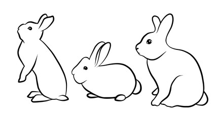 Silhouettes of rabbits isolated on a white background. Black outline bunny icon set.