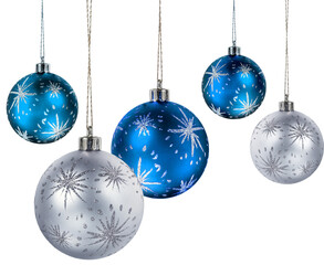 Five silver and blue christmas decoration balls hanging isolated
