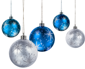 Five silver and blue christmas decoration balls hanging isolated