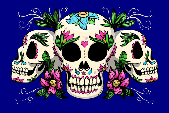 Day of the Dead, Dia de los muertos, skull and flowers. Hispanic heritage sugar skull