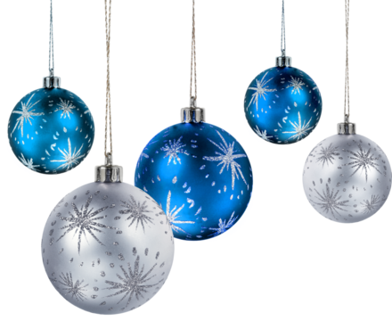 Five silver and blue christmas decoration balls hanging isolated