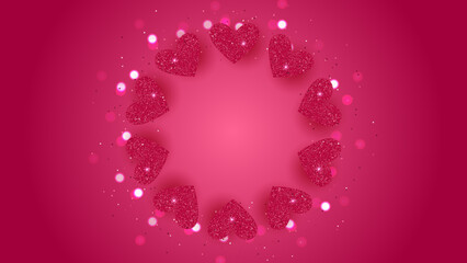 Fototapeta na wymiar Valentine's Day background. Hearts and bokeh on red backdrop. Round frame.