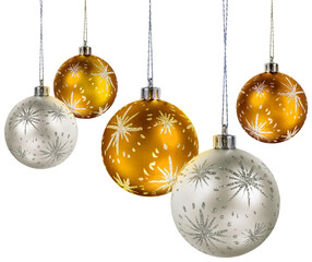 Five silver and gold christmas decoration balls hanging isolated