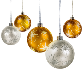 Five silver and gold christmas decoration balls hanging isolated