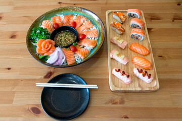 Sushi Japanese food in Restaurants, California Sushi roll set with salmon, Japanese food styles, rice roll with Salmon.