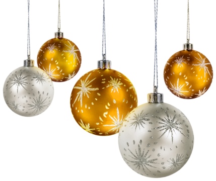 Five silver and gold christmas decoration balls hanging isolated