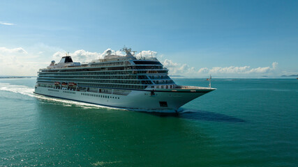 large luxury and high-class white cruise ship viking norway sailing in the ocean of thailand travel and spa in summer,