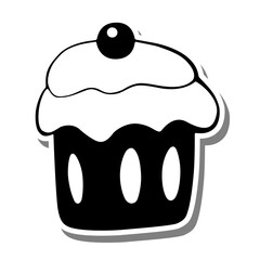 Monochrome cupcake with jelly ball on white silhouette and gray shadow. Vector illustration for decoration or any design.