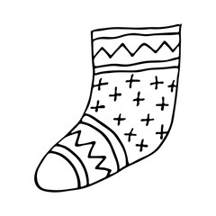 Hand drawn sock for Christmas gifts. Hanging sock doodle. Winter single design element