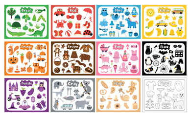 Color objects bundle. Primary colors big collection with flash cards in cartoon style. Green, red, blue, yellow and other elements for creating worksheets. Vector illustration
