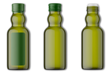 Olive oil glass bottle with empty label mockup template isolated on white background, with clipping path. 3d rendering.