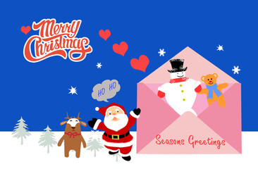 opened pink envelope with santa and friends at christmas with text MERRYCHRISTMAS on blue background , card ,mail