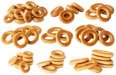 Collection of delicious bread bagels isolated on white background with clipping path