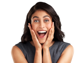PNG Shot of a young woman looking surprised while posing against a white background