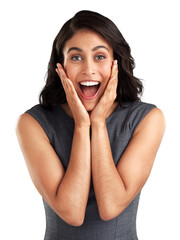 PNG Shot of a young woman looking surprised while posing against a white background