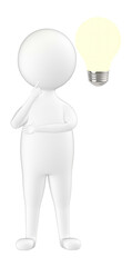 3d character , man think , illuminated bulb near to his head