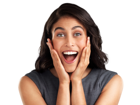 PNG Shot of a young woman looking surprised while posing against a white background