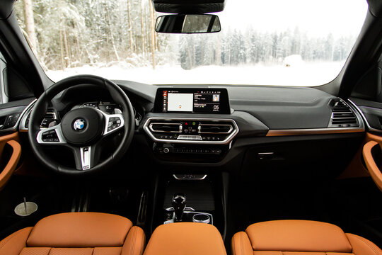 MOSCOW, RUSSIA - FEBRUARY 05, 2022. BMW X3 (G01), interior view. Compact luxury crossover SUV. Central console of the new BMW iDrive.