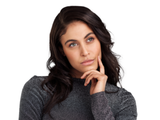 PNG Shot of a beautiful young woman looking thoughtful while standing against a white background