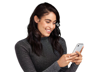 Naklejka premium PNG Shot of a young woman using her cellphone while standing against a grey background