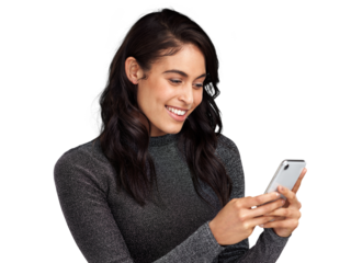 PNG Shot of a young woman using her cellphone while standing against a grey background